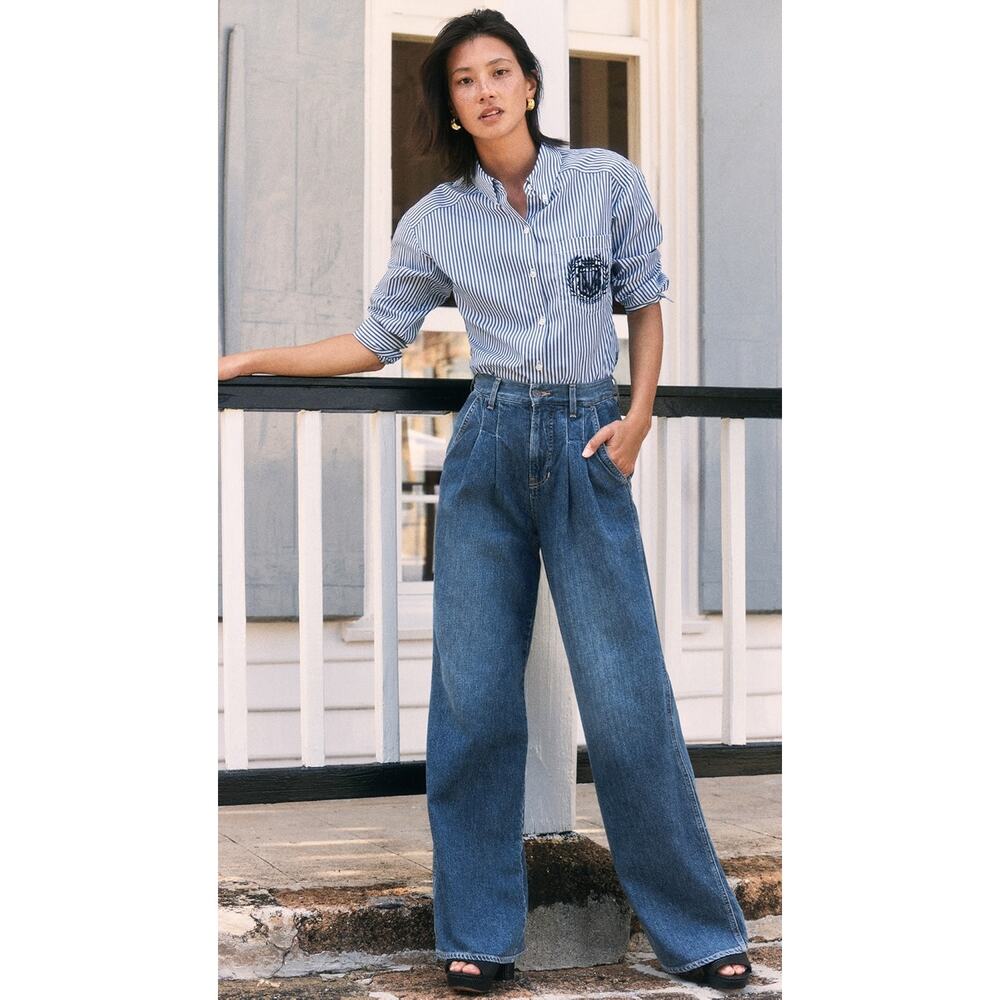 Veronica Beard high rise Wide leg double pleated blue denim jeans size 32